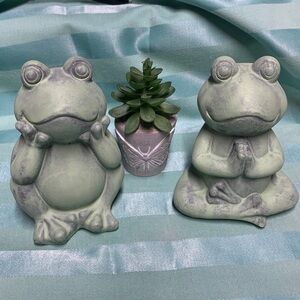 2 Green Garden Frog Figurines Painted Cement